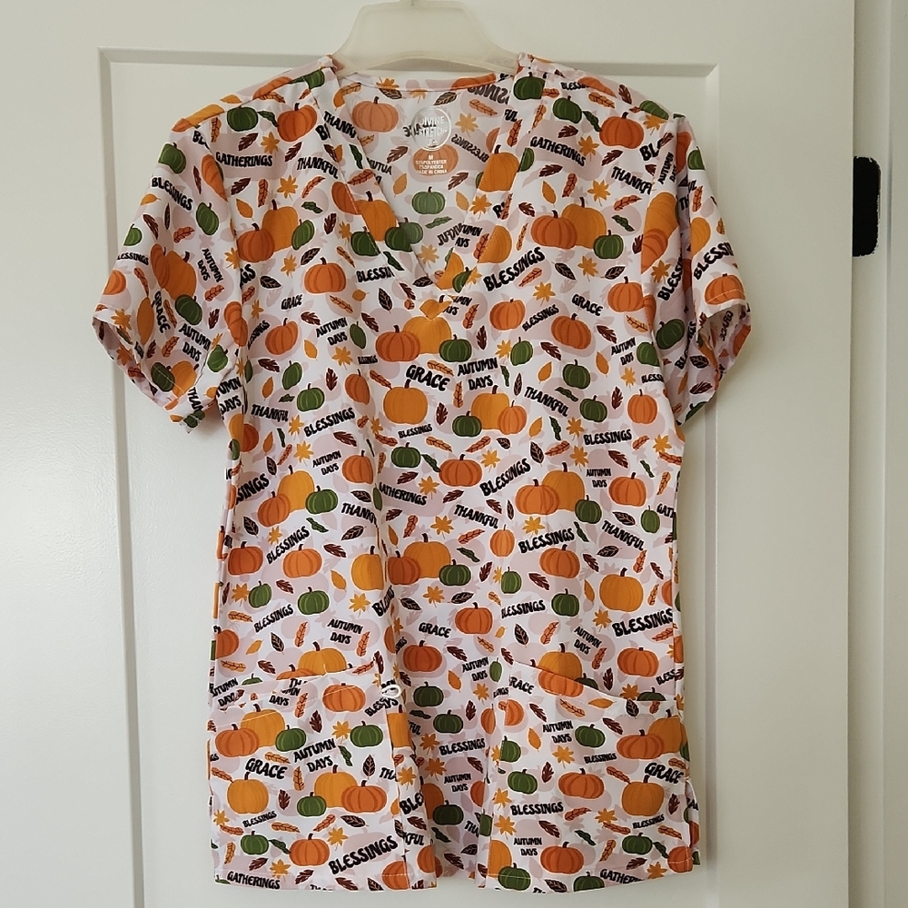 Pumpkin and Leaves Print Scrub Top